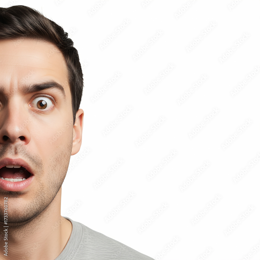 Obraz premium A man with a surprised expression, his mouth open and eyes wide, against a white background.