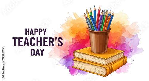 Happy teachers day text with colorful watercolor splashes, books, and a cup of pencils isolated on transparent background