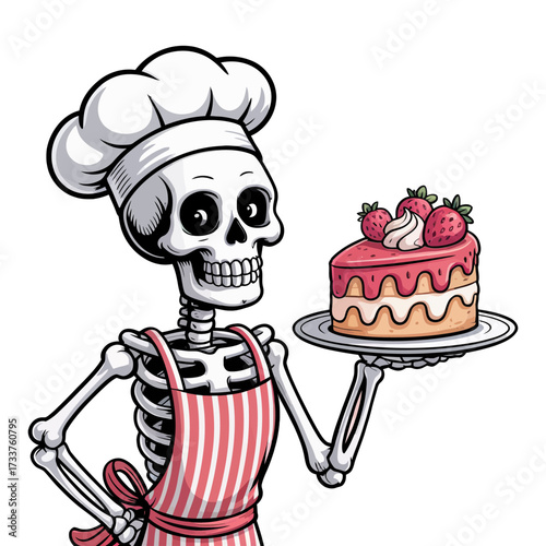 Baker skeleton character, striped apron, presenting strawberry cake, restaurant theme, hand drawn style, foodie illustration, humorous vector