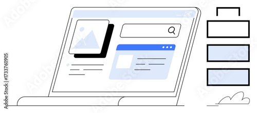 Laptop screen displaying image and text layout, search bar, and sidebar with stacked elements. Ideal for web design, user interface, content management, cloud computing, innovation, research simple