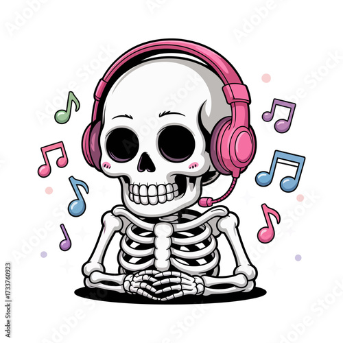 Music lover skeleton, headphones on, smiling skull, floating notes, minimalist background, cheerful vibe, cute spooky cartoon vector