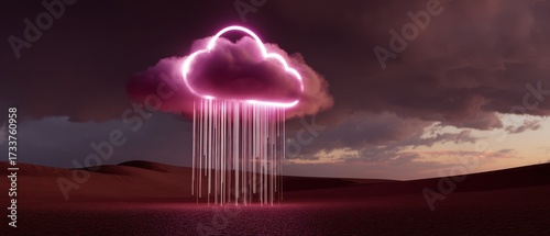 A surreal scene featuring a glowing pink cloud emitting neon rain over a desert landscape during twilight.