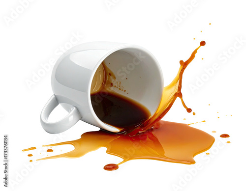 White ceramic cup tipped over, dark liquid spilling onto black surface