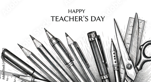 Handdrawn sketch of various writing and drawing tools for teachers day celebration isolated on transparent background