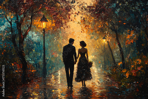 A romantic scene of a couple holding hands under streetlights, surrounded by vibrant autumn colors. The soft glow creates a warm, enchanting atmosphere.