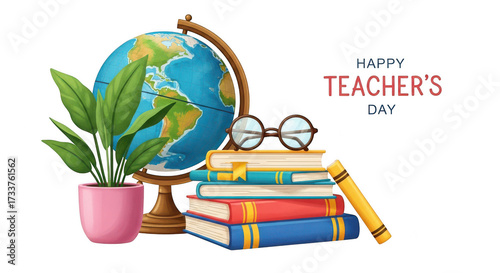 Happy teachers day with a stack of books, globe, plant, and glasses isolated on transparent background