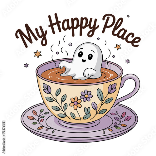 Cute ghost in teacup, floral saucer, calming mood, cozy self care theme, whimsical illustration, gentle pastel vector