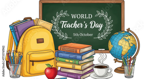 World teachers day illustration with a yellow backpack, books, globe, apple, and coffee cup isolated on transparent background