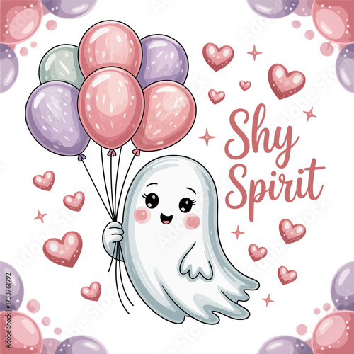 Shy spirit ghost holding balloons, pastel hearts background, adorable smiling character, cute halloween sticker, party invitation design, vector