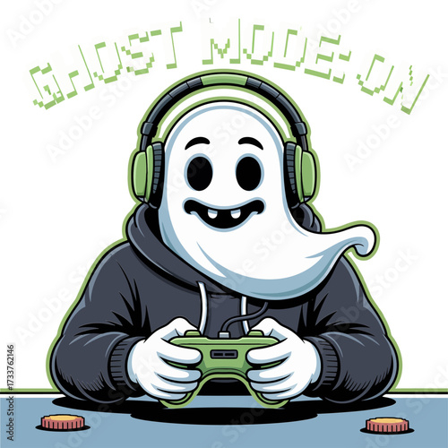 Ghost mode on gamer, hoodie and headphones, holding controller, streaming vibes, esports halloween mascot, cool sticker, vector illustration