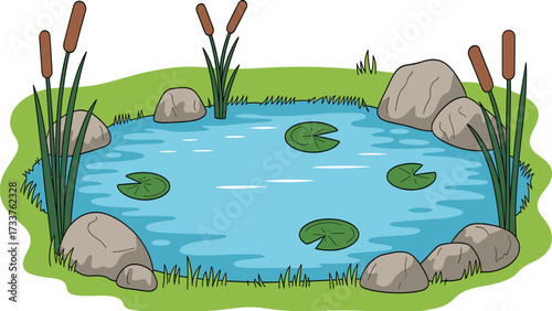 Cartoon pond ecosystem illustration, lily pads and cattails, nature scene for biology education, environmental science, classroom kits, and merch