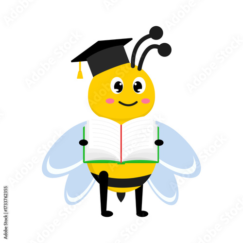 A delightful cute bee cartoon character, wearing a graduation cap and holding an open book, symbolizing education, knowledge, and academic achievement for all learners