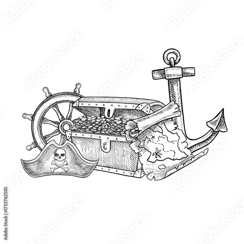 Treasure Island. Black and white graphics, hand-drawn vector illustrations. Medieval sea voyage. Pirate theme. For children s games and celebrations. For stickers, posters, banners, and more.