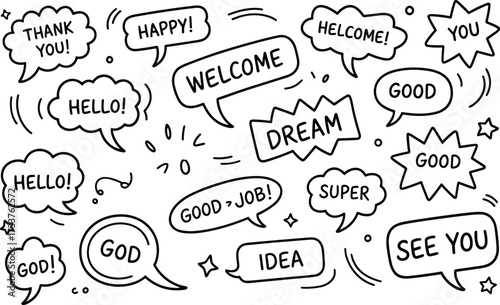 Cartoon speech bubble set, colorful hand-drawn expressions, playful comic-style layout, positive phrases for social media, education, and merch