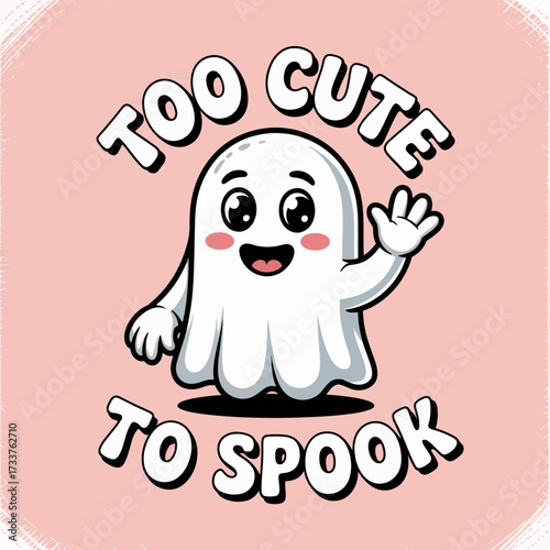 Too cute to spook ghost, pastel blush cheeks, friendly waving pose, kawaii halloween sticker, toddler friendly design, vector