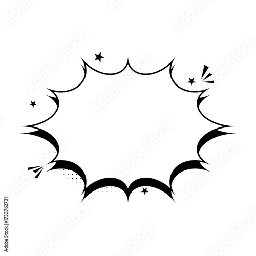 Expressive black and white comic style speech bubble with an explosive jagged outline and star accents, perfect for bold statements and dynamic communication