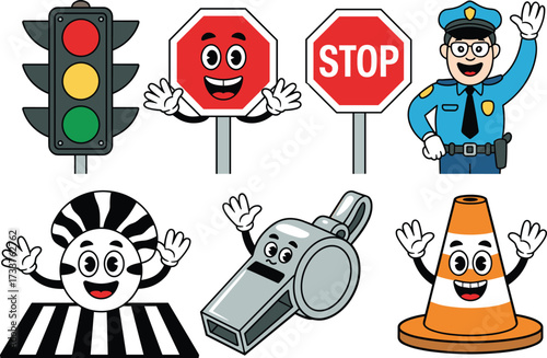 Cartoon traffic safety characters, expressive road signs and symbols, playful educational design, kid-friendly layout for learning kits and merch