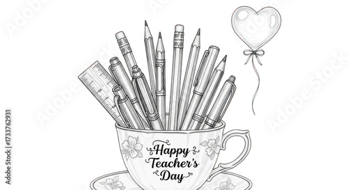 Handdrawn sketch of a teacup filled with pens and pencils, with a heart balloon, isolated on transparent background