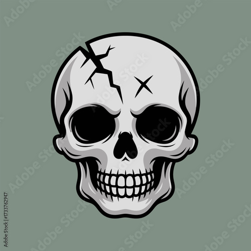realistic skull drawing with fractures, eerie bone texture, muted green background, macabre symbol artwork, dark halloween vector