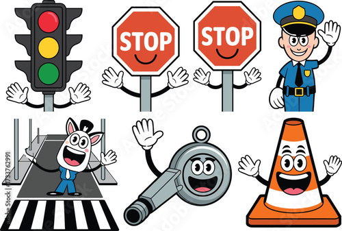 Cartoon traffic safety characters, expressive road signs and symbols, playful educational design, kid-friendly layout for learning kits and merch