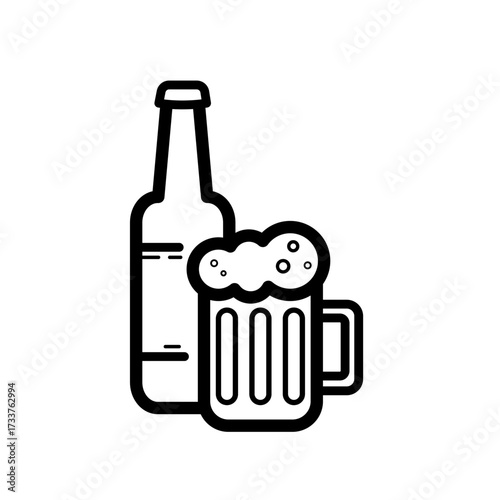 Beer bottle and mug - line vector icon