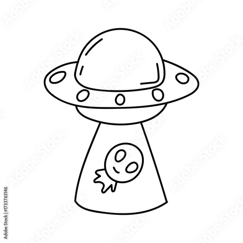 Cute black and white line art illustration of a UFO with an alien face, perfect for science fiction and space-themed designs