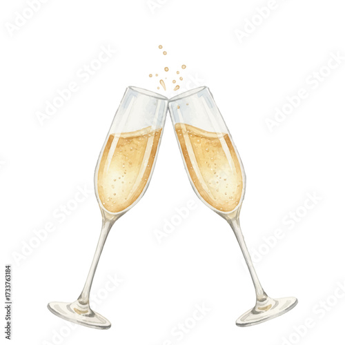 Champagne glasses vector illustration. Restaurant glassware. Bubbly in glass. Champagne glasses watercolor-style cheers clipart, fizzy champaign in goblet. Birthday or New Year toast concept