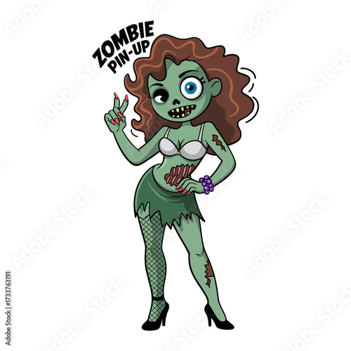 zombie pinup poster style, curly hair ghoul, peace sign gesture, torn outfit, playful undead mascot, vintage horror vector