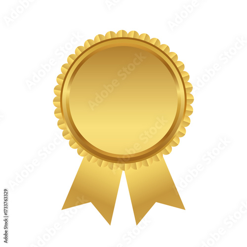 Blank golden award seal with ribbons for certification or victory. Shiny gold medal illustration isolated on a white background