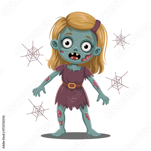 cute zombie girl character, blonde hair with ribbon, ragged purple dress, spooky kid, halloween illustration, cobweb accents vector