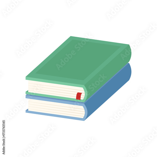 Stack of two books, one green and one blue, with a red bookmark, digital book illustration
