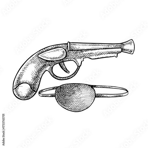Pirate. Gun and eyepatch. Black and white graphics, vector illustration. Hand-drawn. For decorating children s games and holidays. For stickers, invitation cards, posters and banners, packaging.