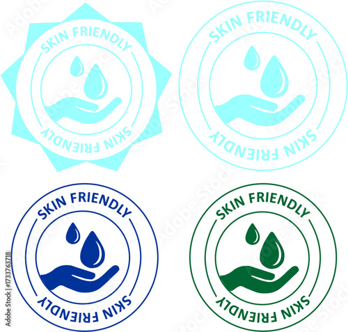 A collection of four 'Skin Friendly' icons in blue and green, featuring a hand holding water droplets, symbolizing gentle care and hypoallergenic products.