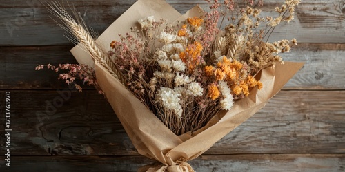 A bouquet of dried flowers wrapped in brown paper, placed on a wooden table with a rustic background.