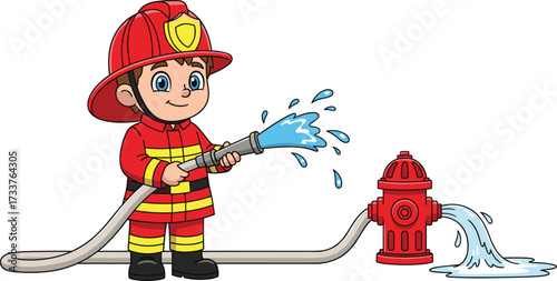 Cartoon firefighter spraying water with hose and hydrant, smiling rescue character for safety, education, emergency, and children’s illustration themes