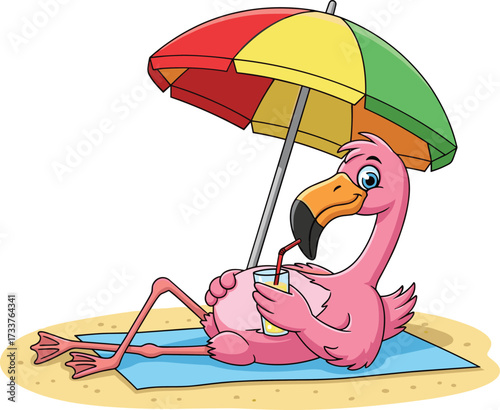 Cartoon flamingo relaxing on beach towel under umbrella, drinking beverage, playful summer vacation character for leisure, fun, and tropical vector