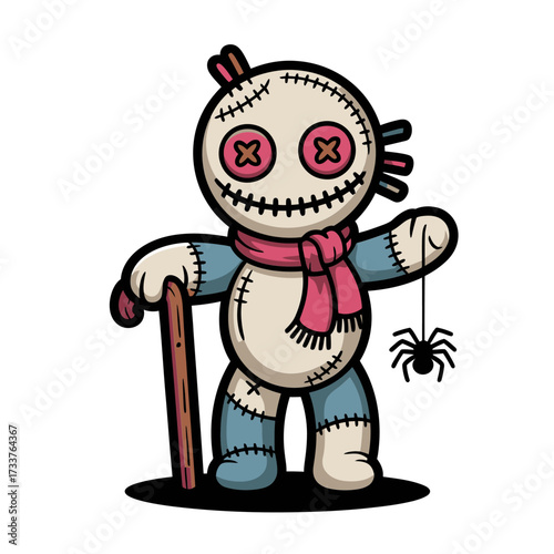 Spooky stitched doll character, walking with cane, spider accessory, patchwork body, eerie cute mascot, vintage horror vector
