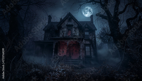 黒基調の森に伸びる月光の帯が幽霊屋敷のシルエットを強調し見出しや日付情報を配置しやすい広告特化のホラー背景.生成AI