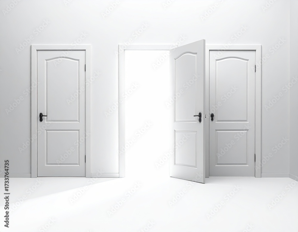 Naklejka premium Three identical white doors, one slightly ajar, illuminating a bright doorway