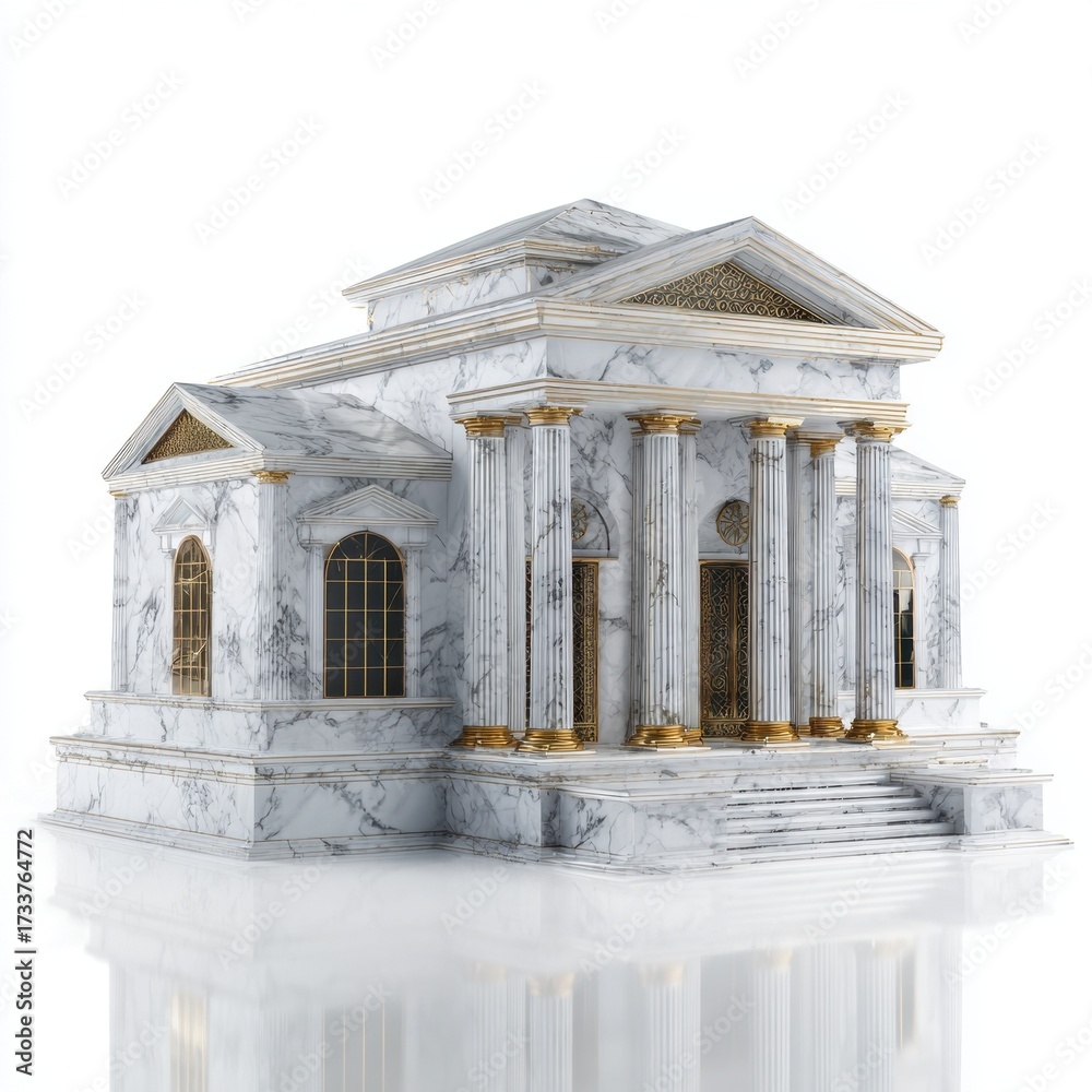 Obraz premium Majestic marble building with gold accents and classical columns on a white background