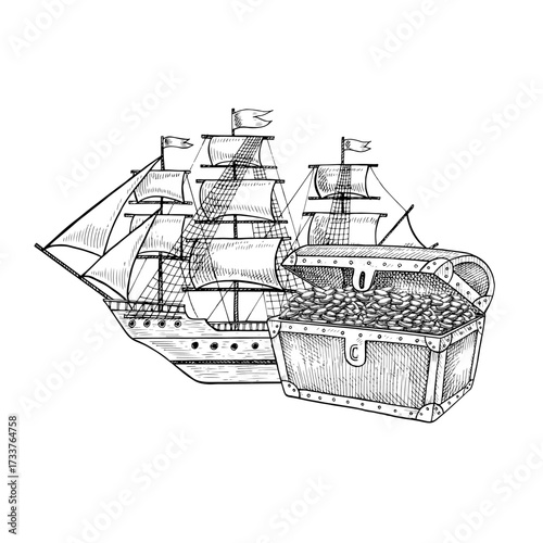 Treasure Island. Medieval sea voyage. Black and white graphics, hand-drawn vector illustrations. An old ship with sails and a treasure chest. For children s games, holidays posters, banners, and more.