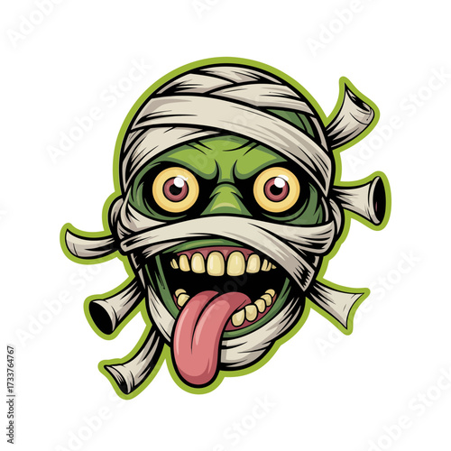 Crazy mummy head, bandages flying, green face, bulging eyes, long tongue out, cartoon horror icon, sticker vector design