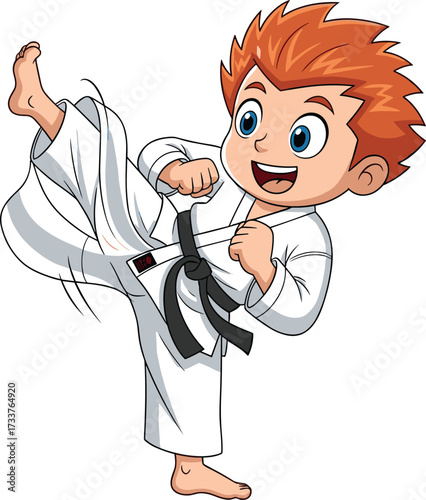 Cartoon karate character performing high kick in martial arts pose, energetic fighter with spiky hair for sports, action, and education themes