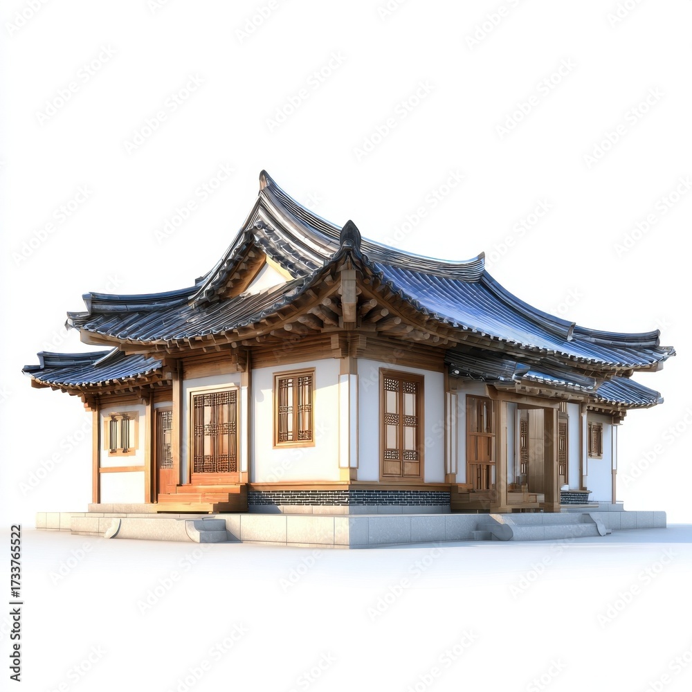 Fototapeta premium Traditional Korean Hanok house with curved tiled roof and wooden latticed windows on a white background