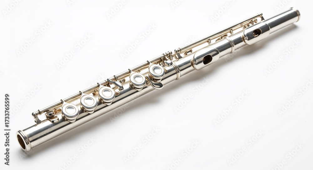 Fototapeta premium Bright studio light illuminates a sparkling silver flute showcasing its metallic keys on a clean white backdrop