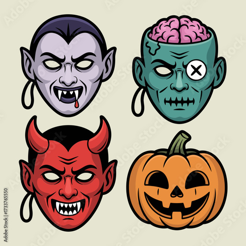 Horror faces set, vampire head, zombie with exposed brain jar, devil red face, jack o lantern, vector illustration