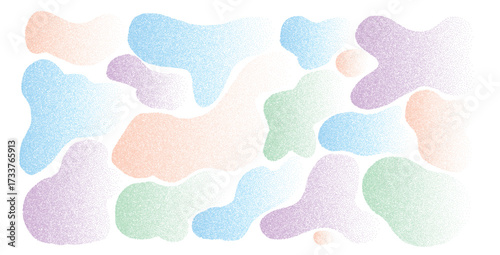 Noise gradient liquid organic shapes set. Pastel colors splodge figures. Random abstract noisy fluid. Uneven grain shape splashes. Wavy blob stains. Curvy drops. Vector background illustration.