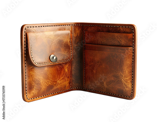 Open leather wallet with compartments, a snap closure, and visible stitching