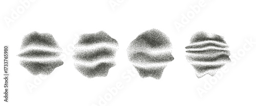 Grain noise abstract organic forms set. Grunge dotwork gradient spots with wave decoration. Black irregular shapes of dots texture. Liquid sand diffuse effect figures. Vector halftone illustration.