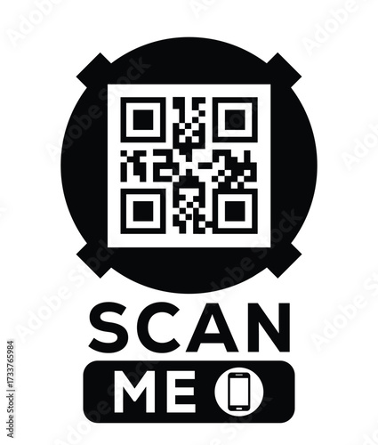 Minimalist black and white QR code label design with "SCAN ME" message, modern style, ideal for marketing, digital menus, business promotions, and mobile-based contactless solutions.	